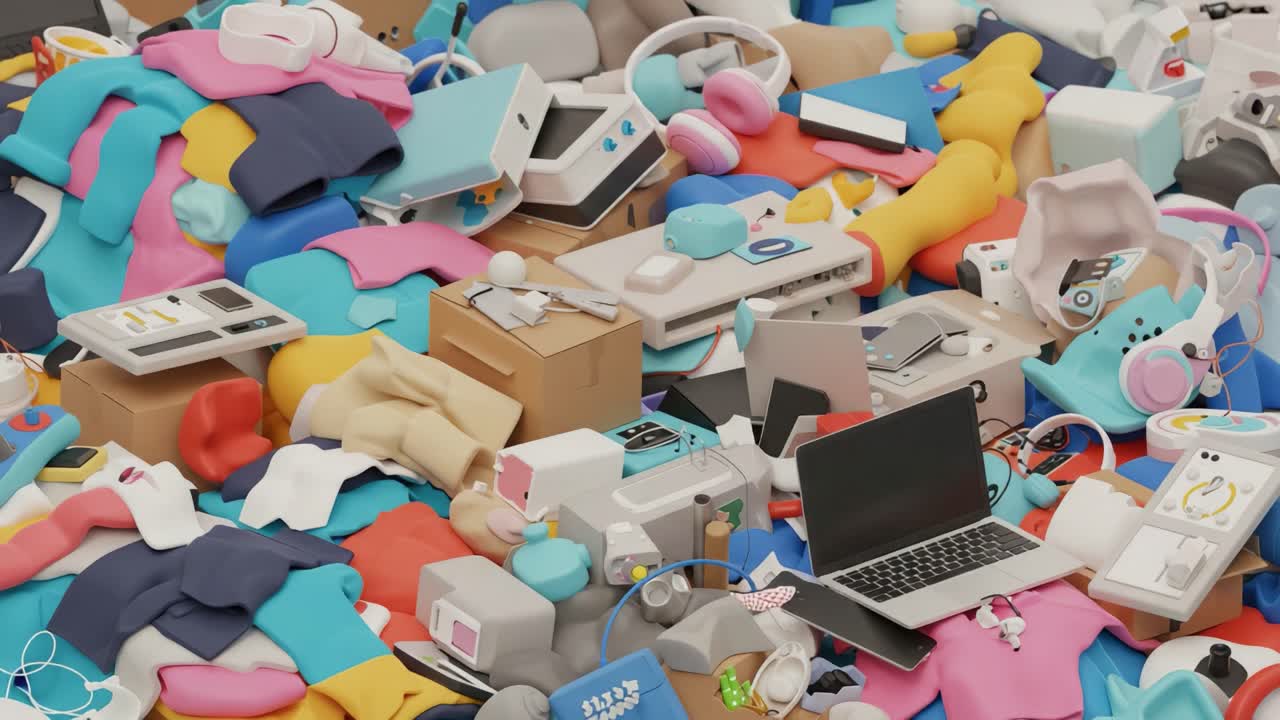 A Colorful Chaos of Everyday Objects: Exploring the Intricate Tangle of Multicolored Gear and Gadgets Amidst a Pile of Digital Life Essentials
