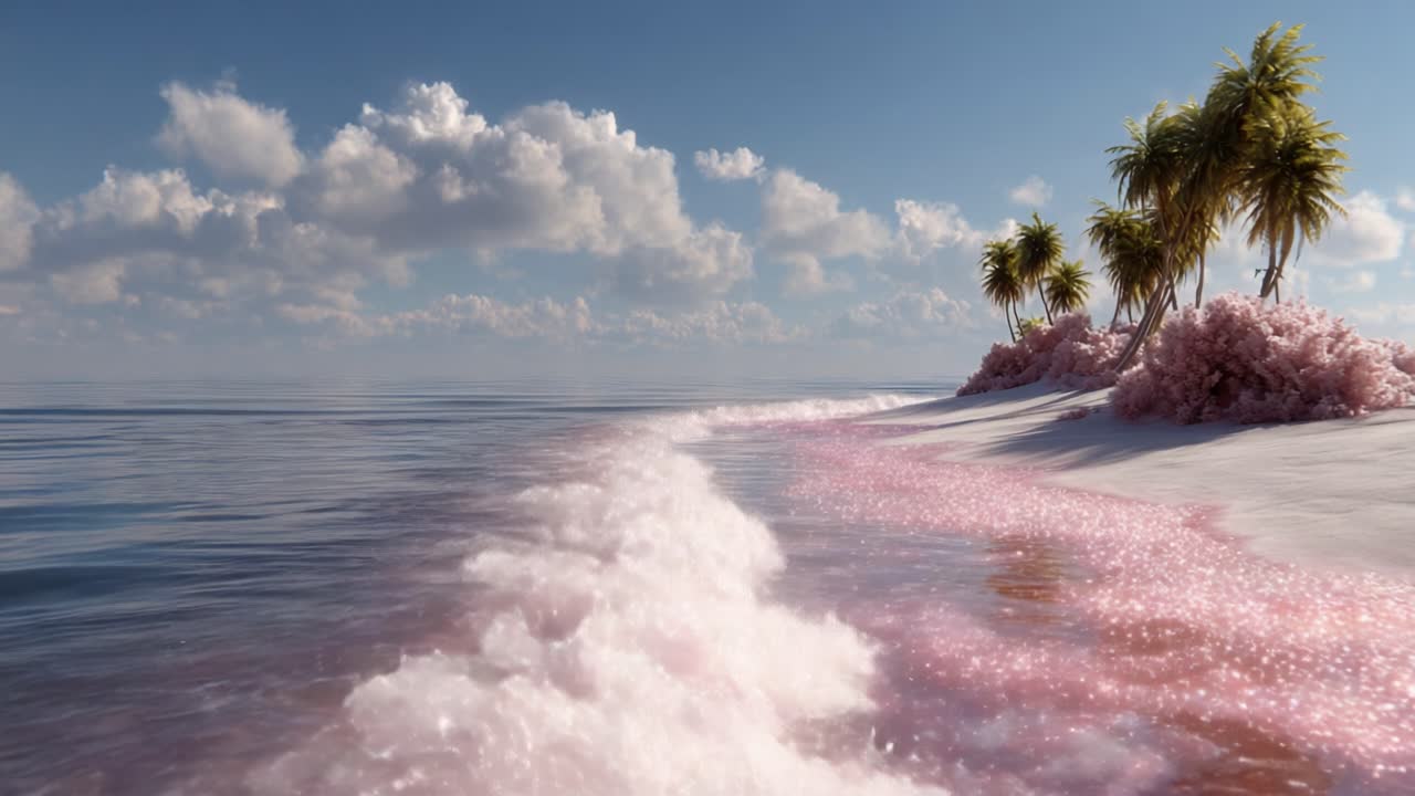 A Serene Beach Landscape with Sparkling Pink Waves and Lush Palm Trees Beneath a Clear Sky Rich with Fluffy Clouds, Evoking Tranquility and Natural Beauty