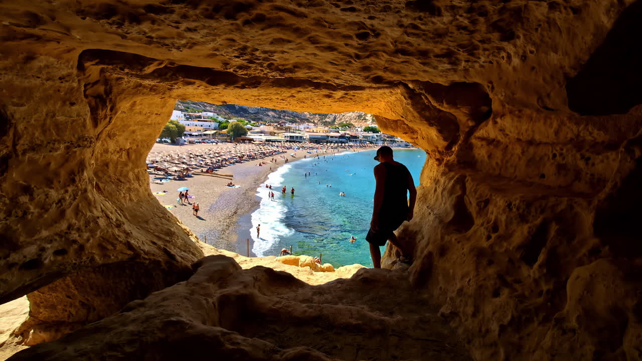 View from Venetian Fortezza Castle Overlooking Beach with tourists