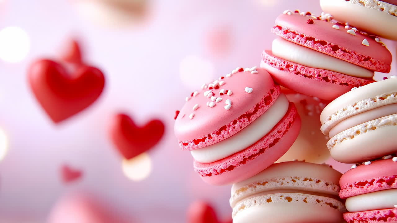 Heart-shaped pink macarons. Bright pink macarons are piled up with red hearts in the background, creating a festive and sweet atmosphere