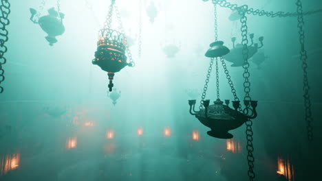 mystic ancient chapel with hanging lamps