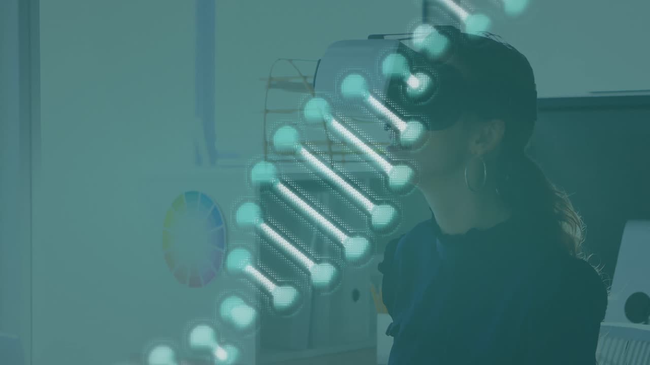 Animation of dna structure spinning over caucasian woman wearing vr headset at office