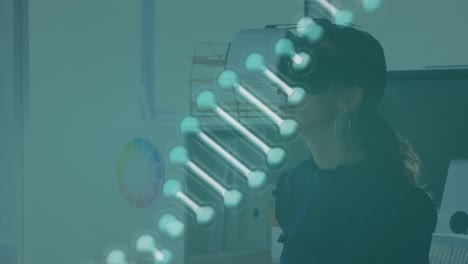 animación de la estructura del adn girando sobre una mujer caucásica que usa auriculares vr en la oficina