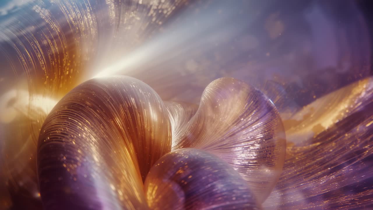 Sweeping beam causing metallic ribbon rotating unfurling revealing curves in haze with particles