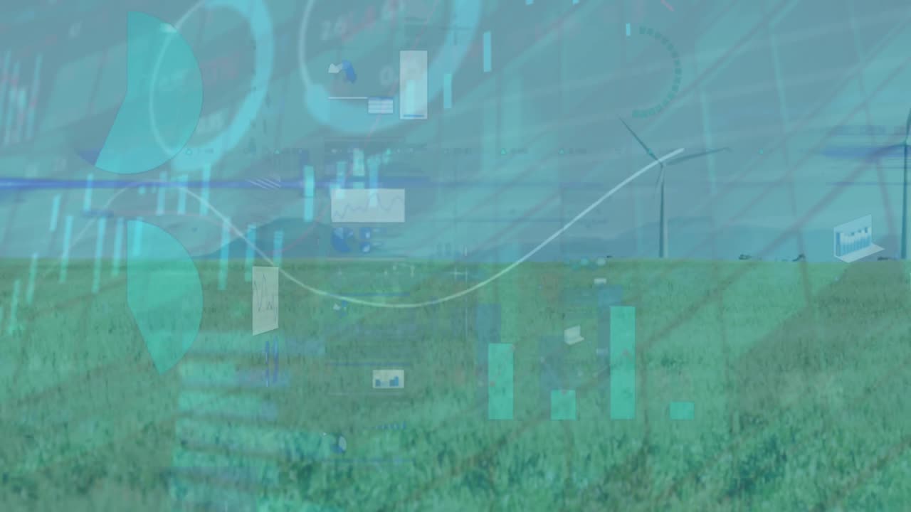 Animation of statistical data processing against spinning windmills on grasslands