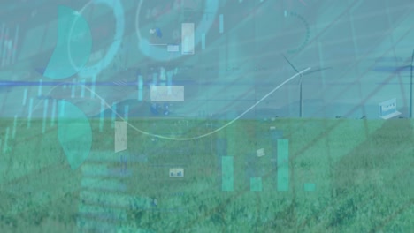 Animation-of-statistical-data-processing-against-spinning-windmills-on-grasslands