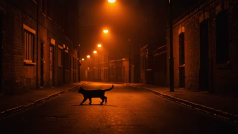 a mysterious black cat strolls through an empty foggy street illuminated by dim streetlights in a quiet urban night setting