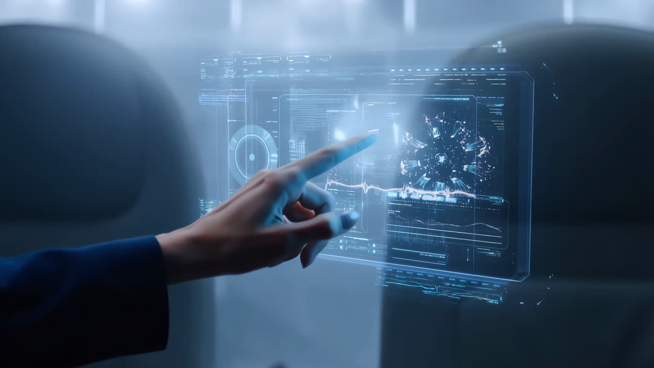 Hand Interacting with Futuristic Holographic Data Display