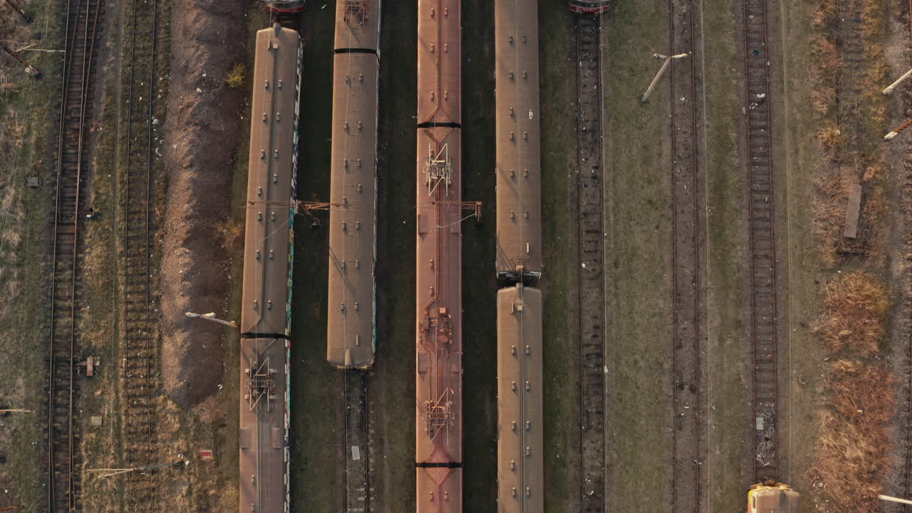 Aerial View of Abandoned Trains in a Depot
