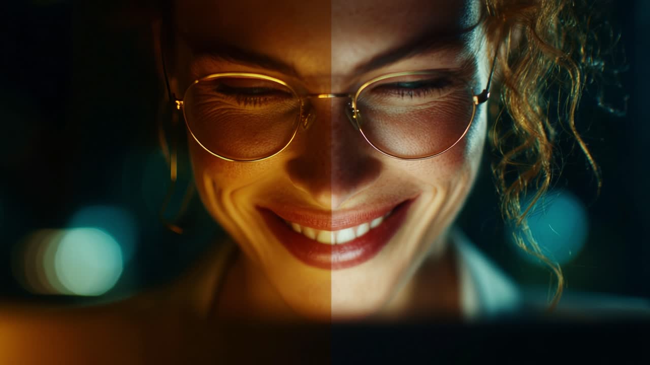 A captivating woman deeply engaged with her digital screen, showcasing a blend of emotion, focus, and intrigue through her smile and thoughtful expression, representing modern digital interaction