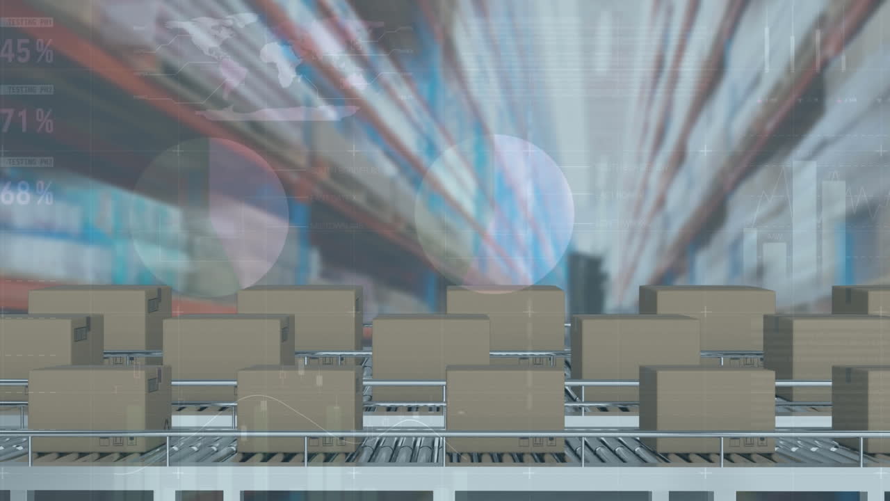 컨베이어 벨트에 있는 카드보드 상자 위에서 통계 처리의 애니메이션