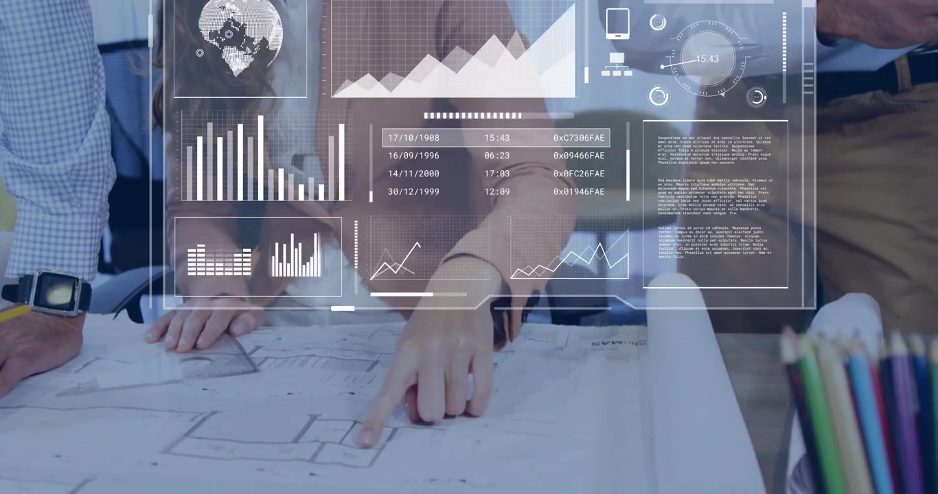 Seated woman pointing at blueprints and activating holographic charts and globe for design review