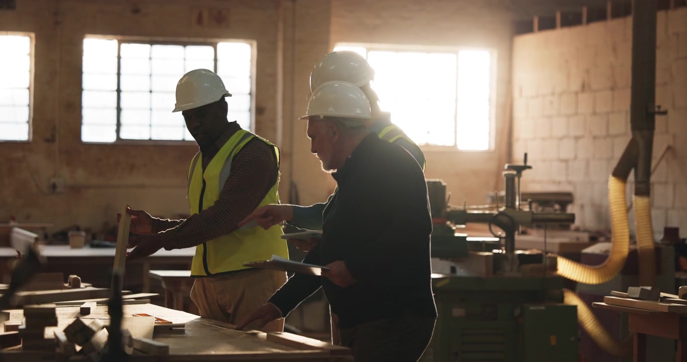 Carpenters Discussing Woodwork Project in Workshop