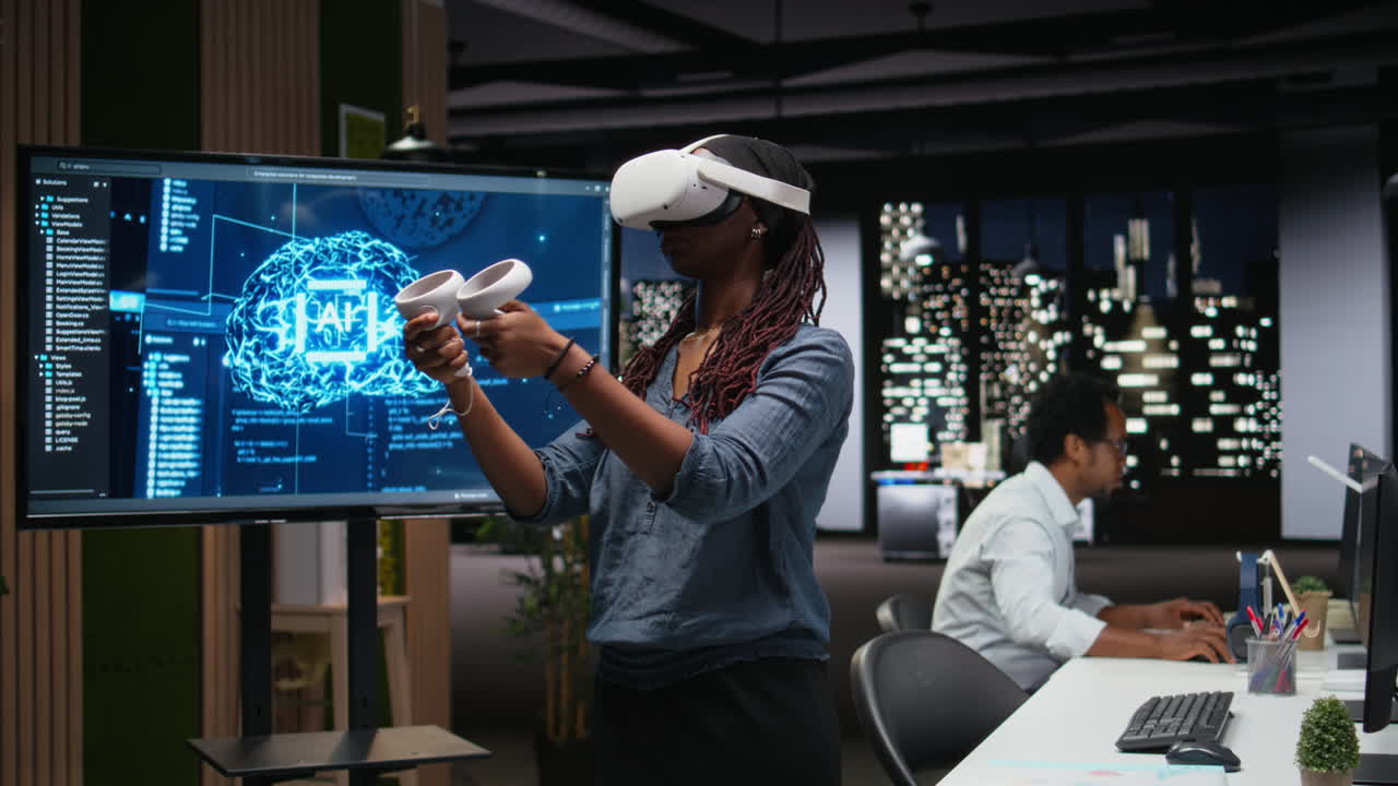 African American Woman Using VR Headset for AI Development in Office