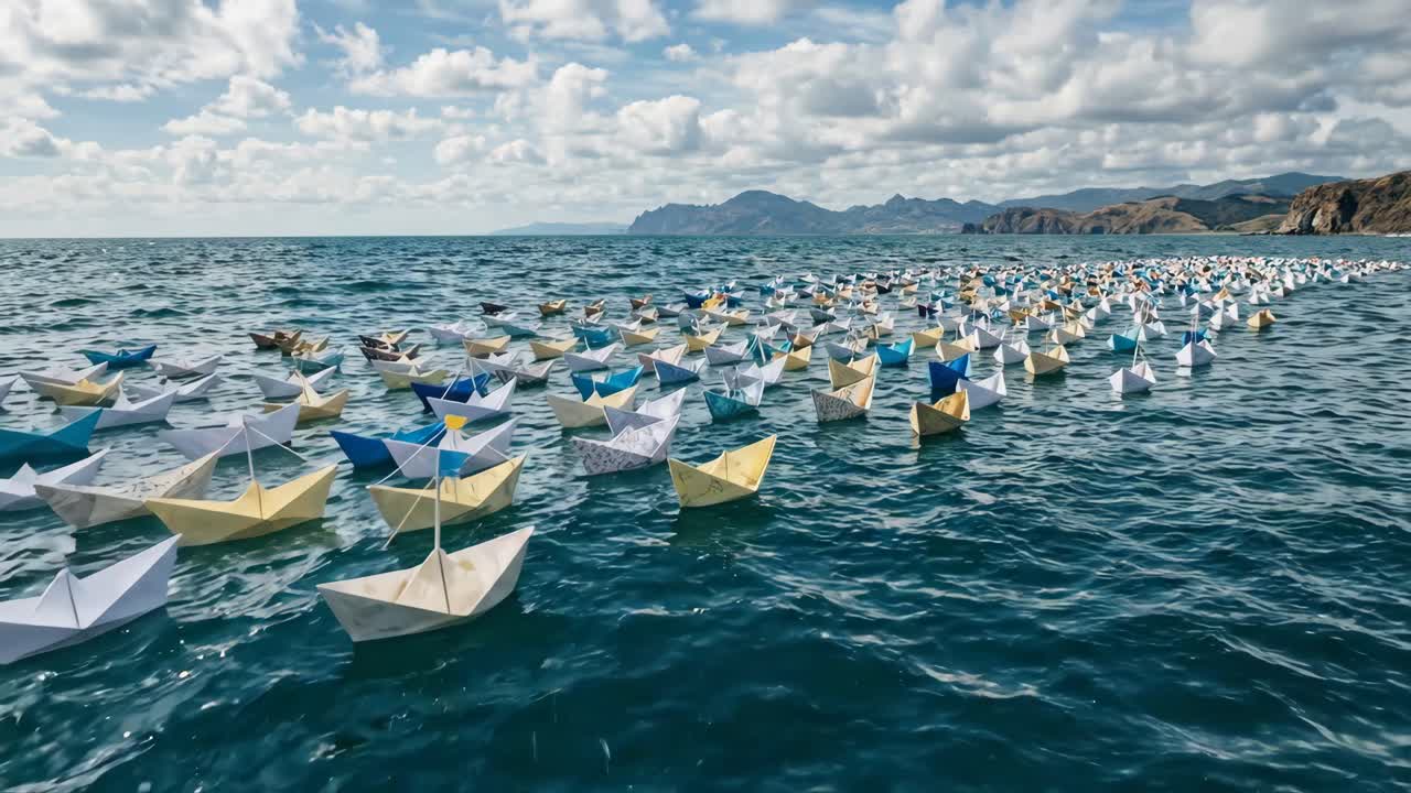 Molte barche di carta colorate che galleggiano sull'oceano verso una costa montuosa