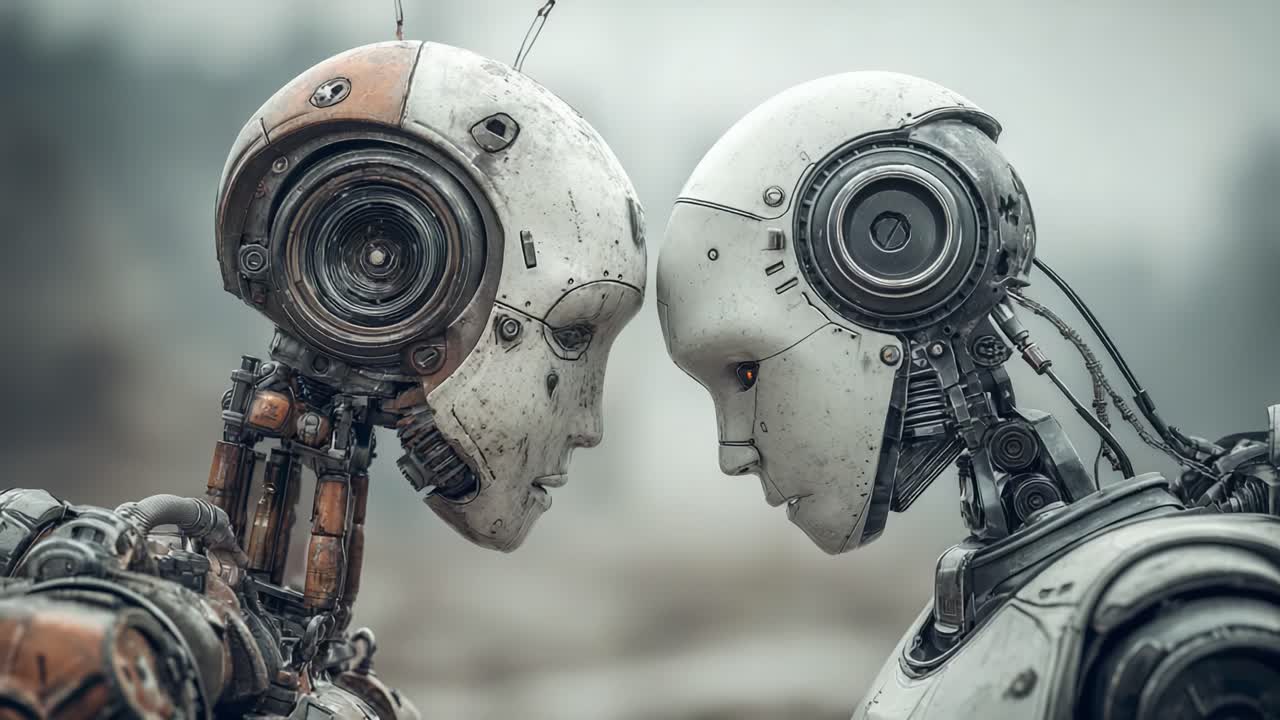 Intricate Close-Up of Two Futuristic Robots Facing Each Other, Capturing Their Emotion and Mechanical Design in a Thought-Provoking Setting