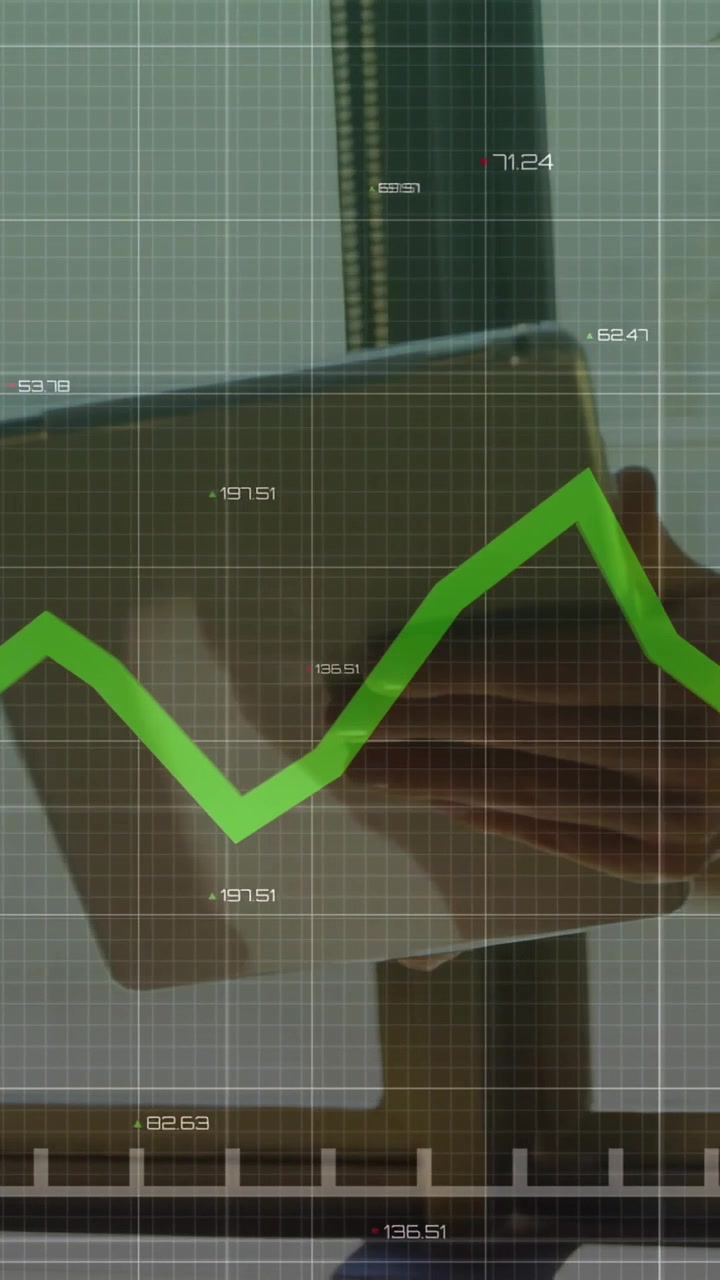 Utente aziendale che ruota il tablet e scorre lo schermo, generando una sovrapposizione di grafici verdi per il monitoraggio finanziario.