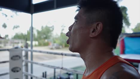 sweaty male fighter in boxing ring