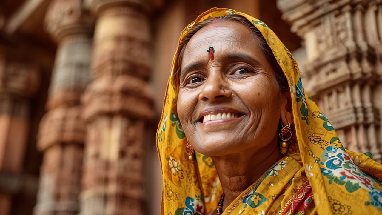 Nærbillede af en ældre indisk kvinde i en farverig traditionel sari, der smiler varmt nær indviklet udskårne tempelsøjler, hvilket indfanger kultur, arv og autentisk landlig livsstil i Indien.