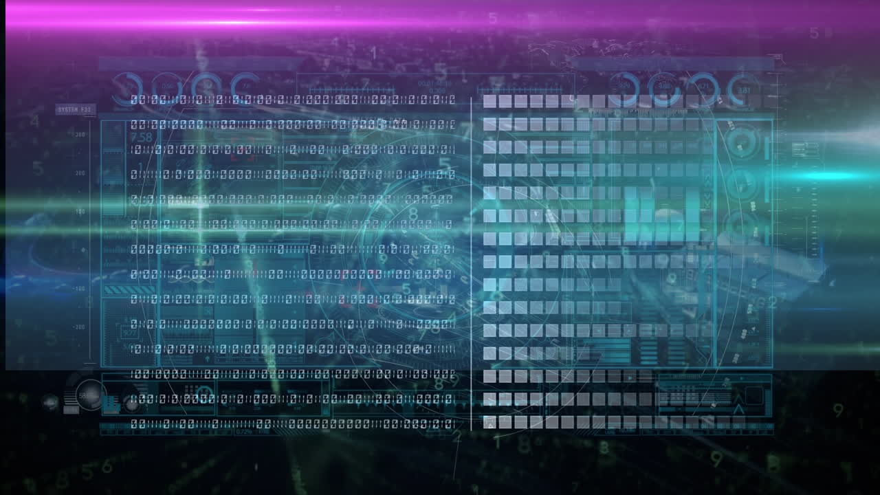 Animation of binary coding, data processing over glowing computer circuit board