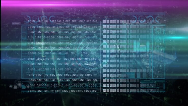 Animation of binary coding, data processing over glowing computer circuit board