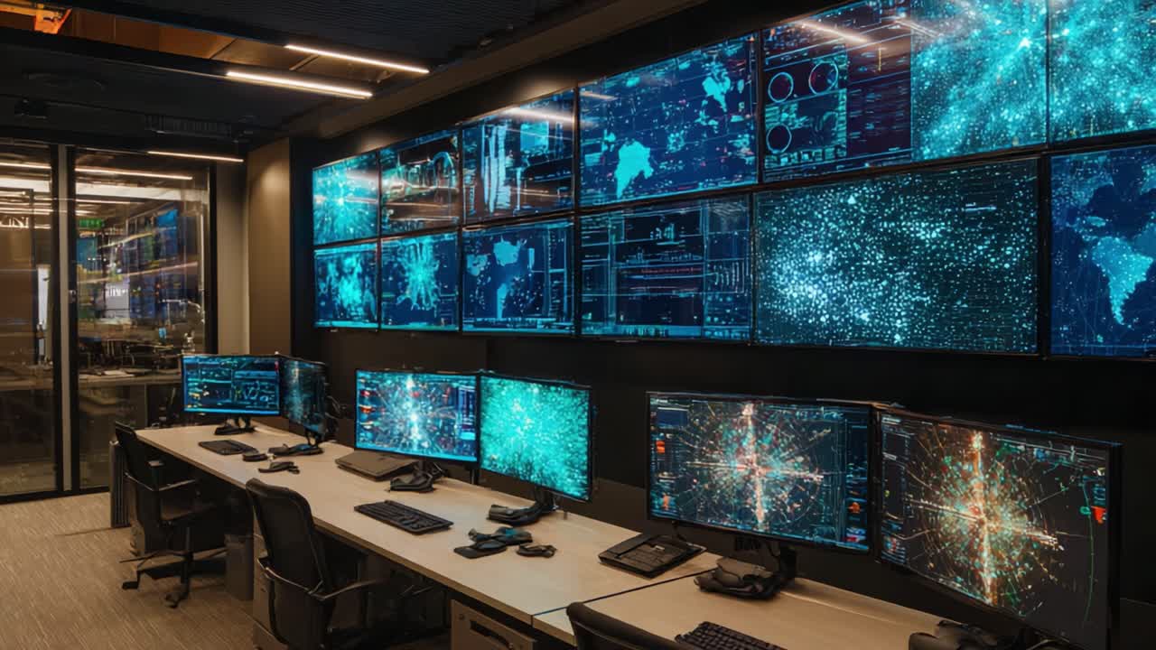 Centro di controllo high-tech: uno sguardo dettagliato ai sistemi avanzati di monitoraggio dati con schermi multipli che mostrano tecnologie di mappatura digitale e analisi.