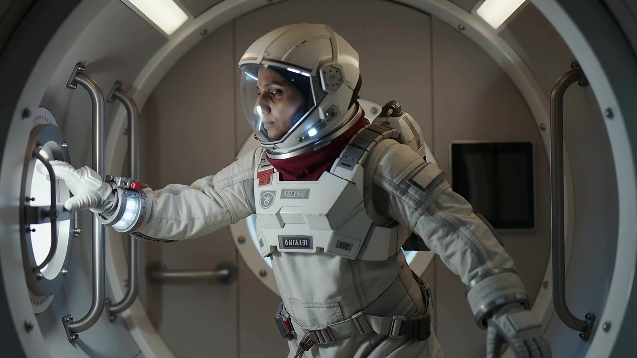 Astronauta de traje creme alcançando e inspecionando a escotilha em uma câmara de descompressão, com as luzes do capacete sendo ativadas