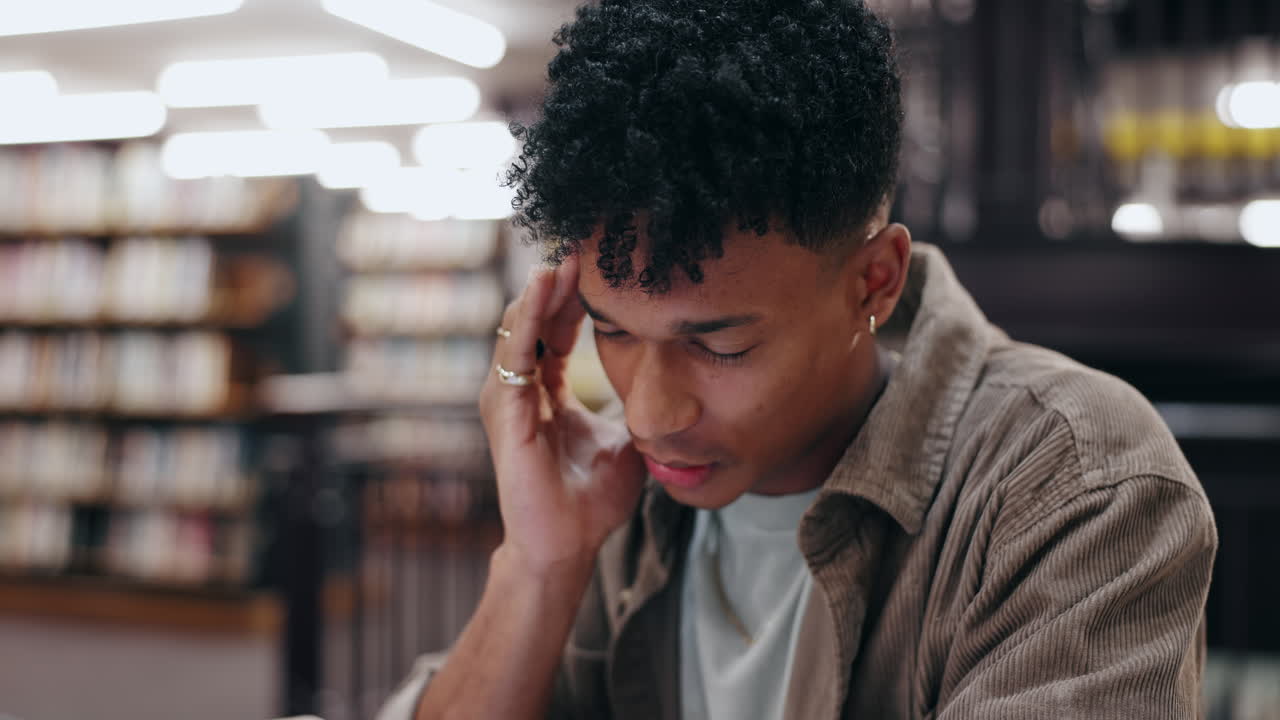 Young Man Experiencing Headache in a Library