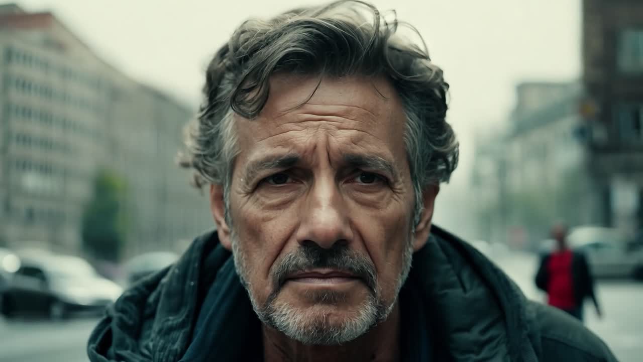 A middle aged man with gray hair and a beard looks seriously at the camera in a close up portrait.