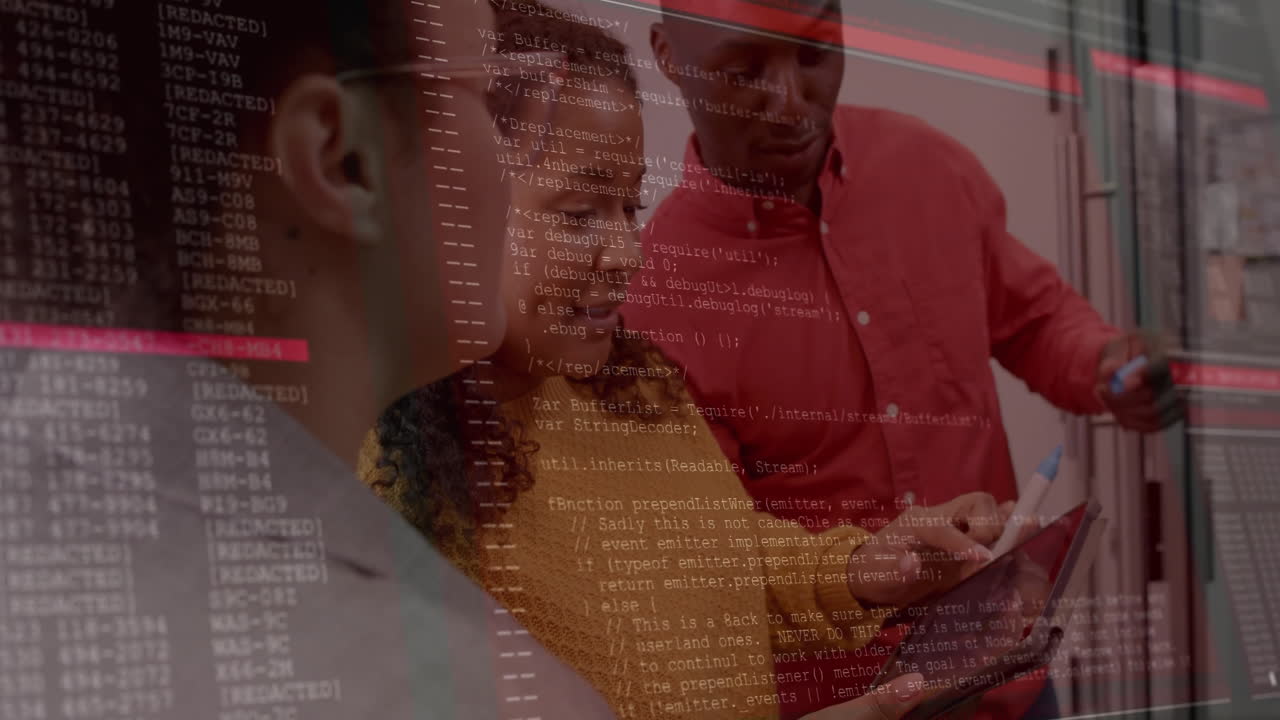 Animation of financial data processing over diverse business people in office