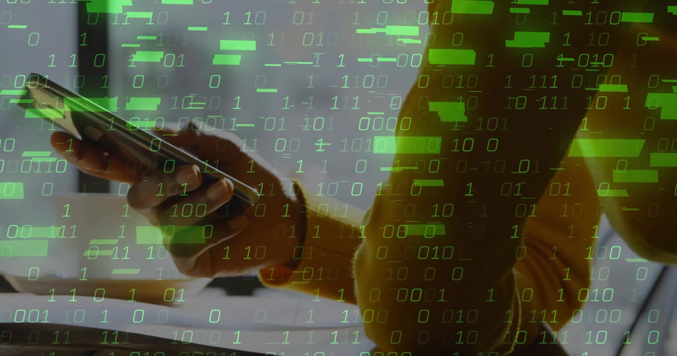 Hand lifting smartphone at desk as binary code floating on screen, thumb tapping data exploration