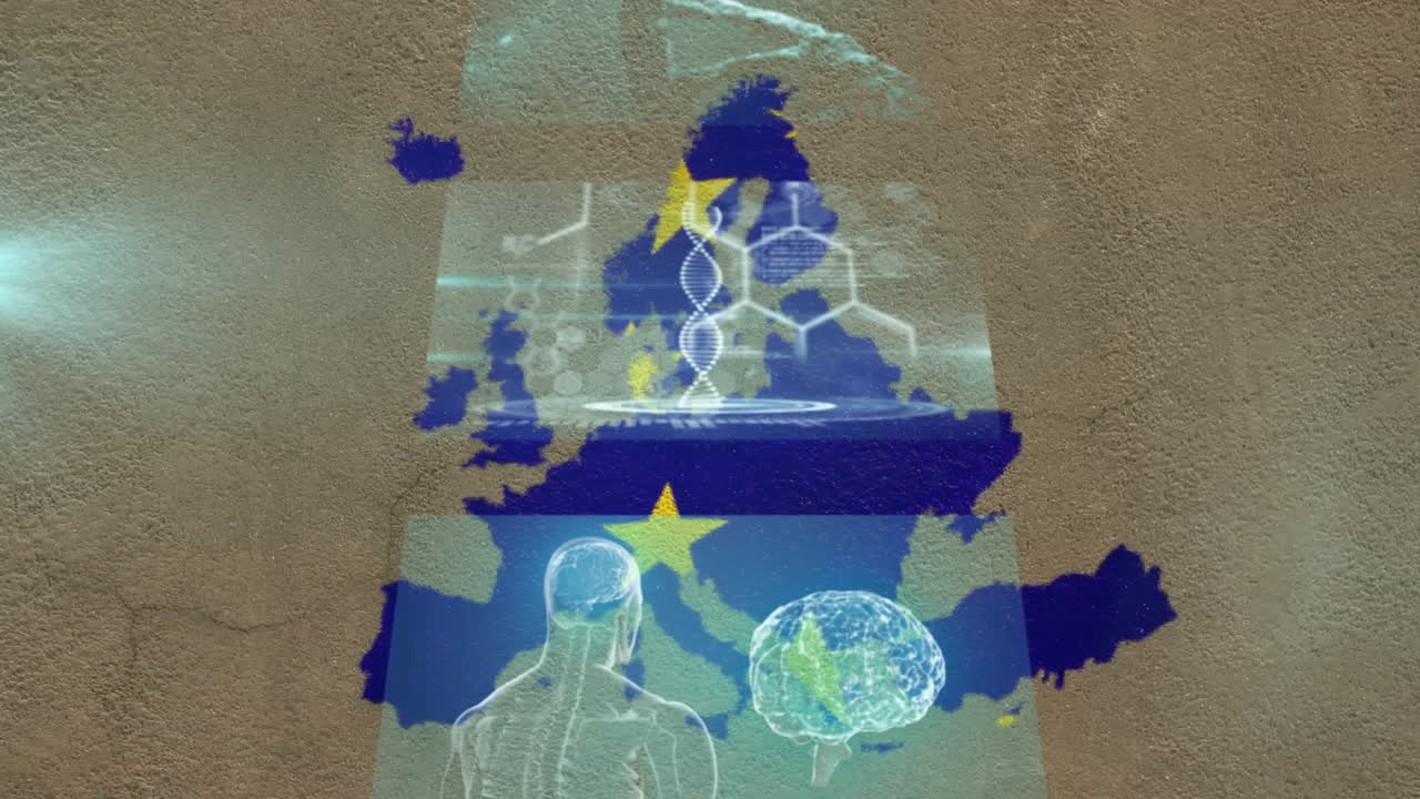 Animation showing map of Europe with digital overlay of figures and stars