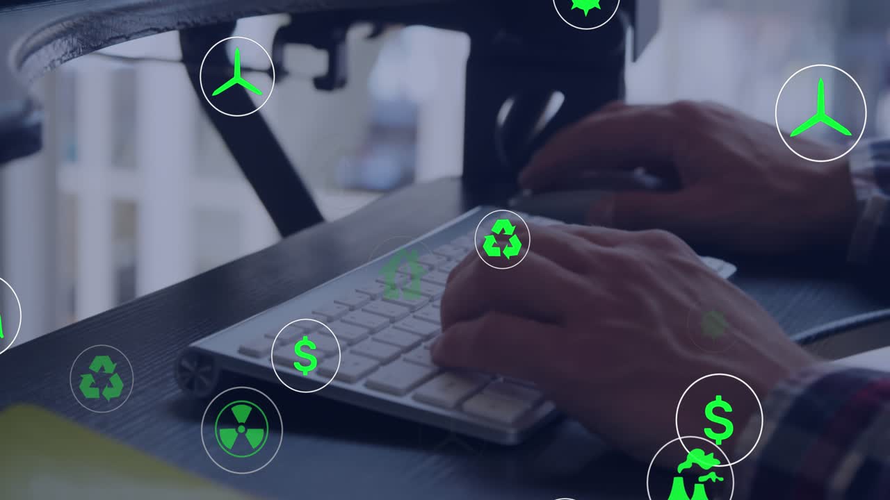 Animation of financial data processing over caucasian man using computer
