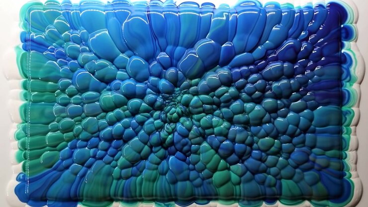 Rounded blue, cyan, and teal forms swell and rearrange across the frame, with reflective highlights tracing smooth surfaces as the clustered pattern changes around its center.