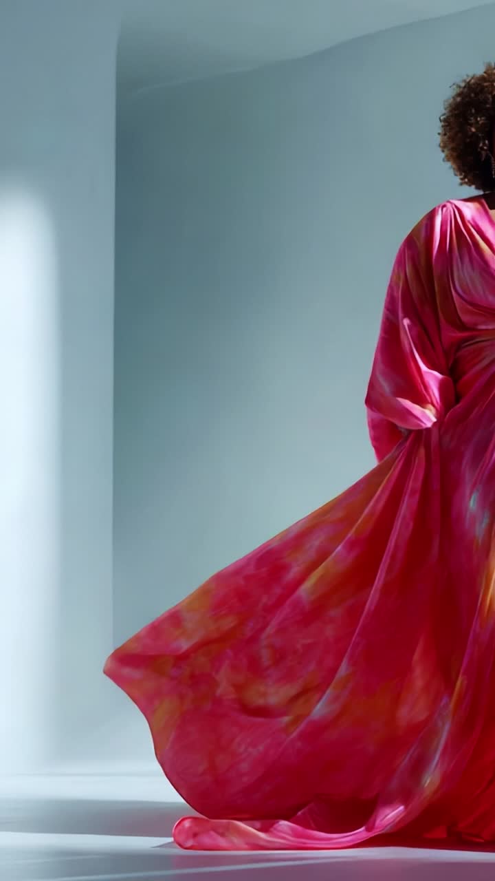 A Stunning Fashion Showcase Featuring a Beautiful Model in a Flowing Pink Tie-Dye Dress, Captured in Two Frames of Poise and Elegance Against a Minimalist Backdrop