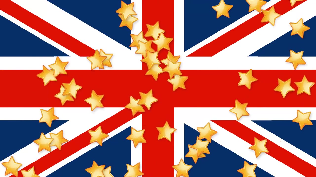 Piccole stelle dorate cadono continuamente su uno sfondo grafico piatto della bandiera nazionale del Regno Unito