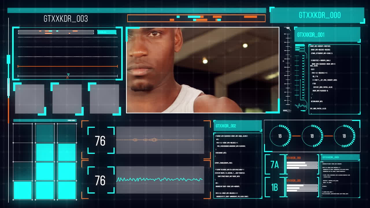 animación de procesamiento de datos deportivos con un hombre afroamericano haciendo ejercicio en fondo negro.