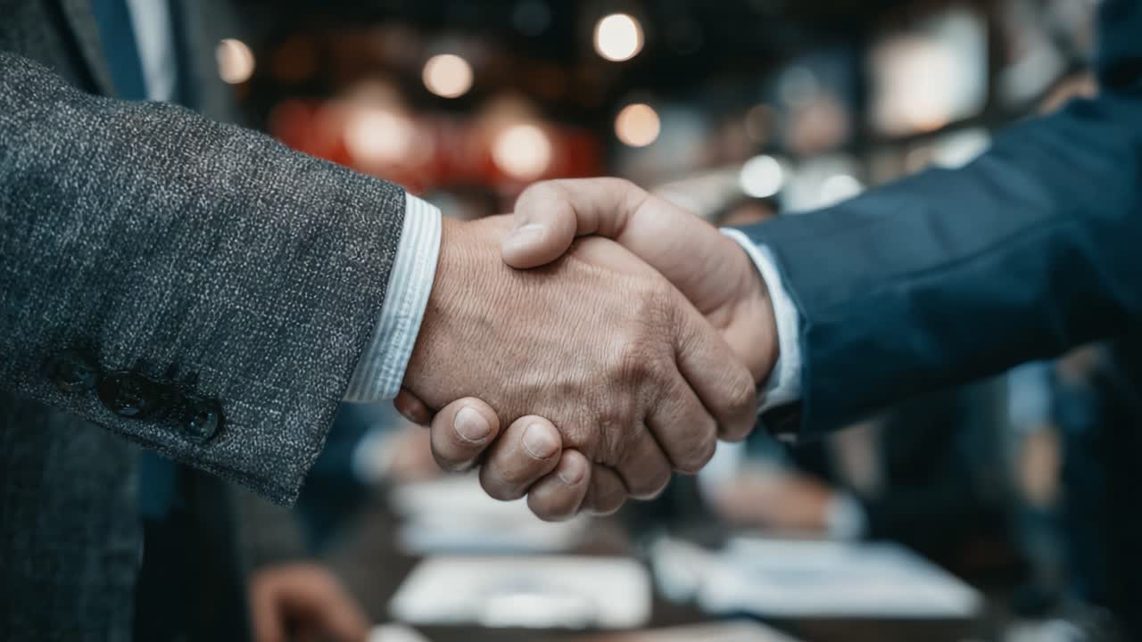 Una stretta di mano professionale tra due uomini d'affari che simboleggia partnership e accordo in un ambiente aziendale