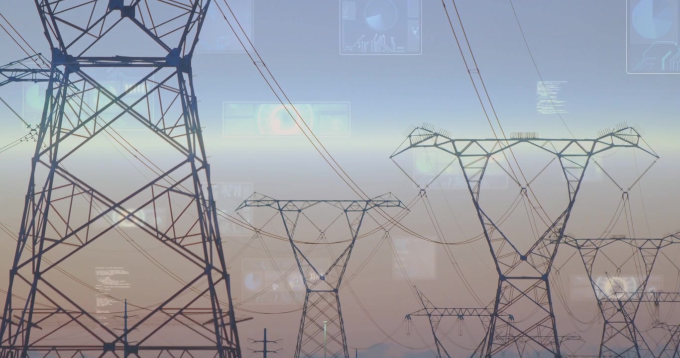 Camera pulling back, pylons revealing lines while faint UI icons appearing, drifting for grid data