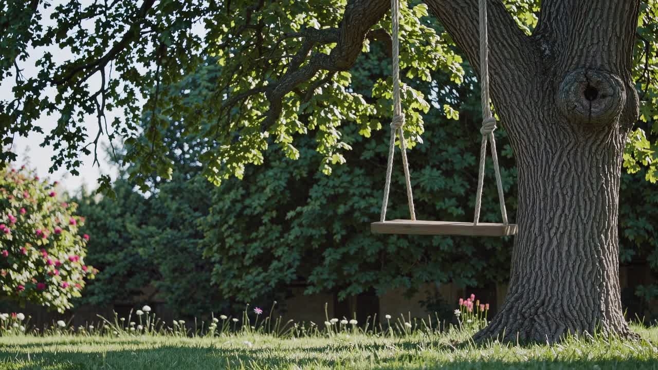 Serene video of a rustic swing hanging from a tree, captured at a low angle, highlighting lush