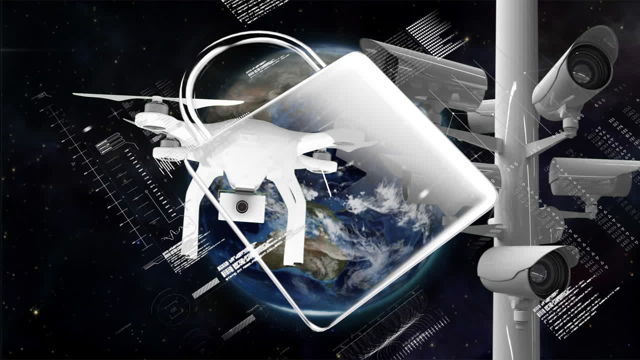 온라인 보안 락 아이콘의 애니메이션과 cctv 카메라와 글로브로 날아가는 드론