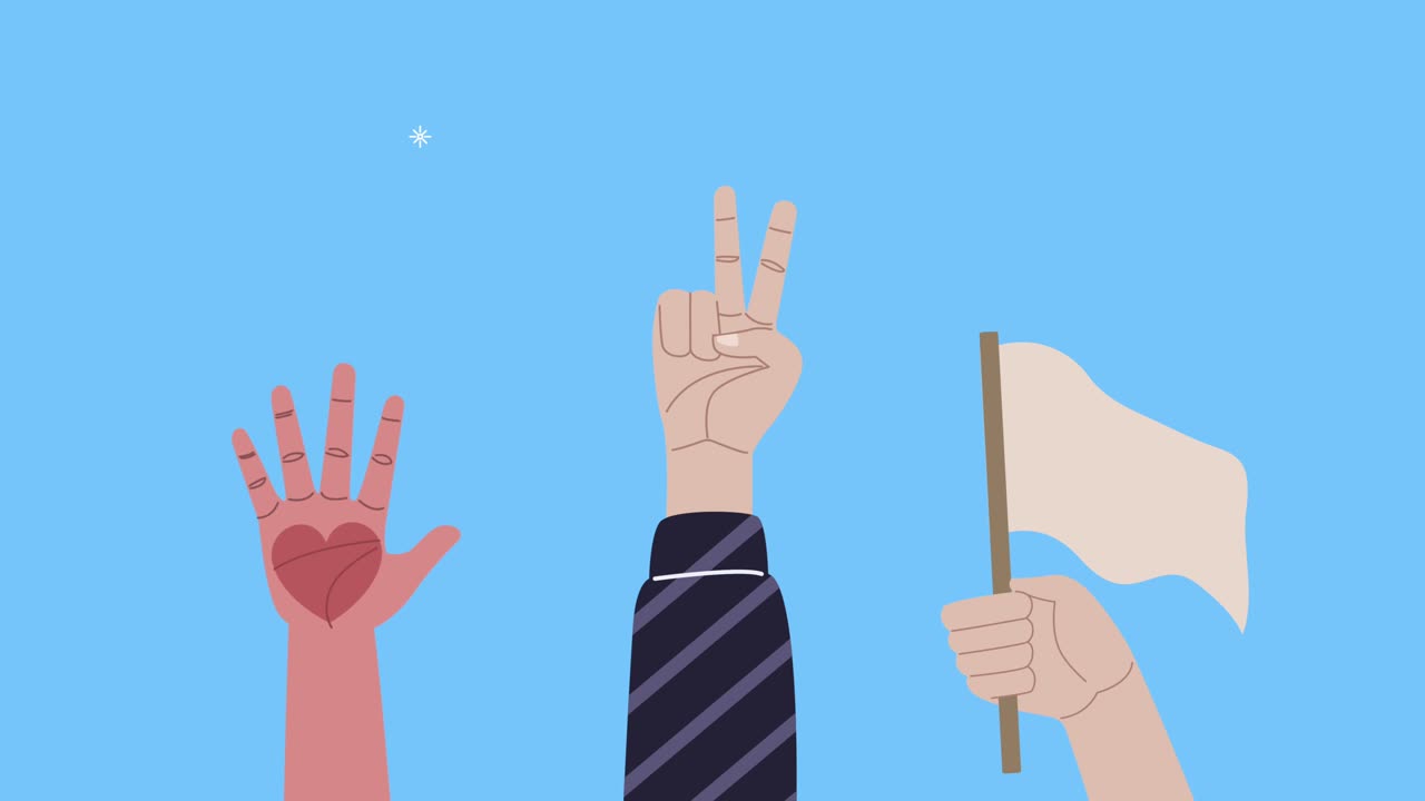 human rights awareness animation with hands lifting heart and flag