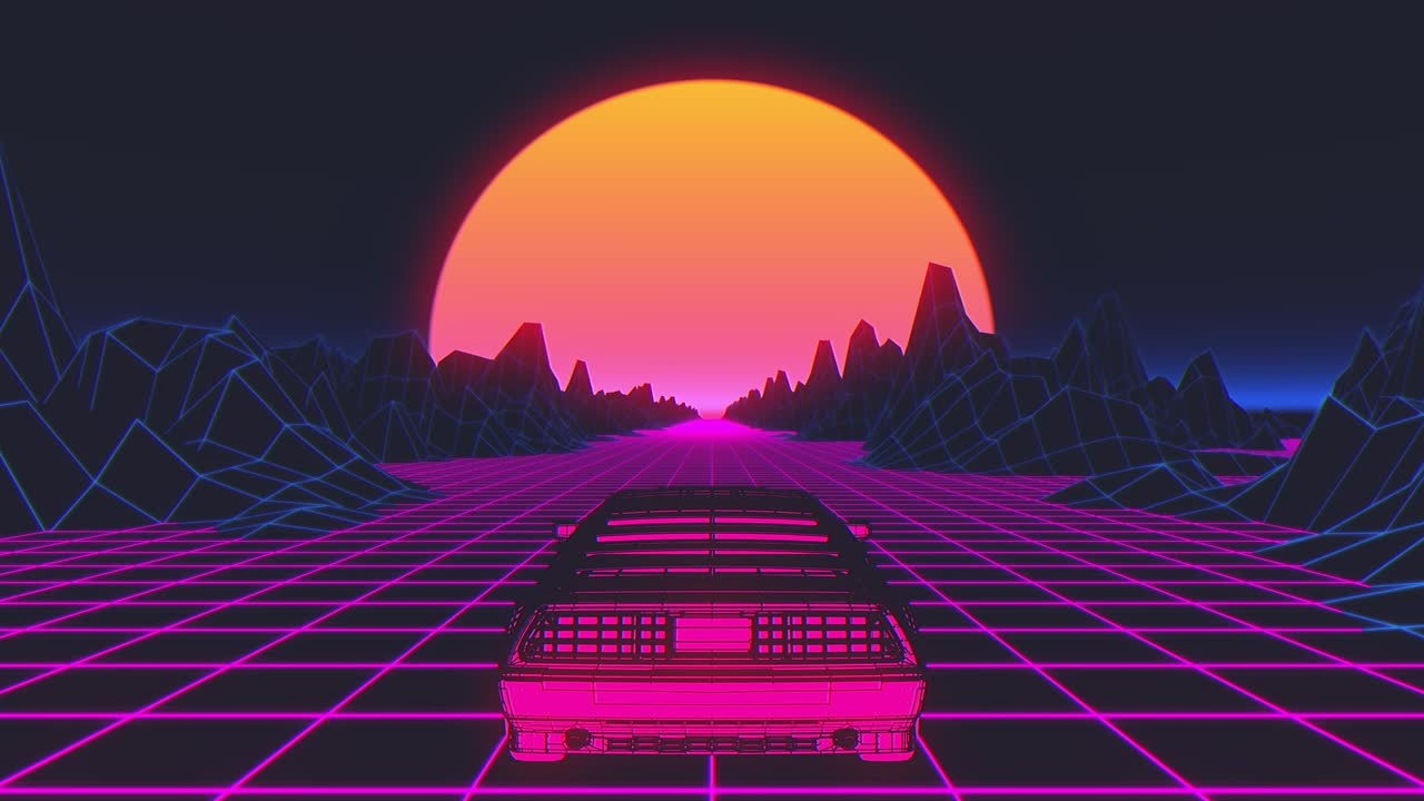 레트로-푸투리스틱 80년대 스타일의 공상과학 자동차 배경, 원활한 루프 3d 비디오 애니메이션