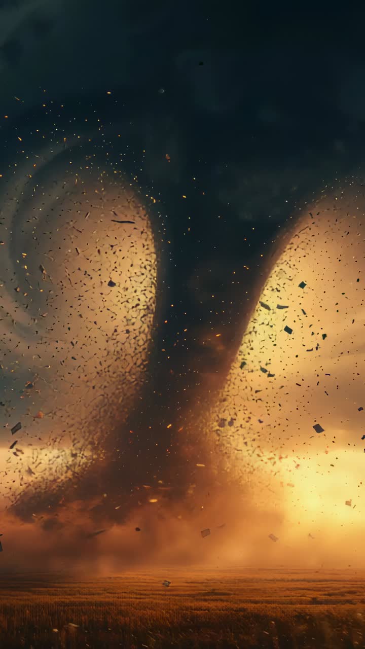 Vertical video: Forming cloud arches driving tornado funnel spinning over prairie, lofting dust