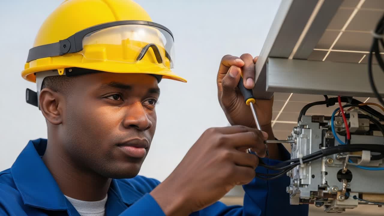 Electrician Performing Maintenance on Solar Panel System, Adjusting Wiring and Ensuring Proper Functionality with Tools for Sustainable Energy Solutions