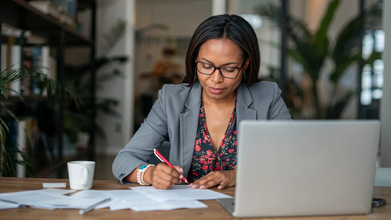 Une femme vérifiant son ordinateur portable et annotant des documents avec un stylo rouge dans un cadre professionnel, ajoutant des mises en évidence dynamiques sur les papiers.