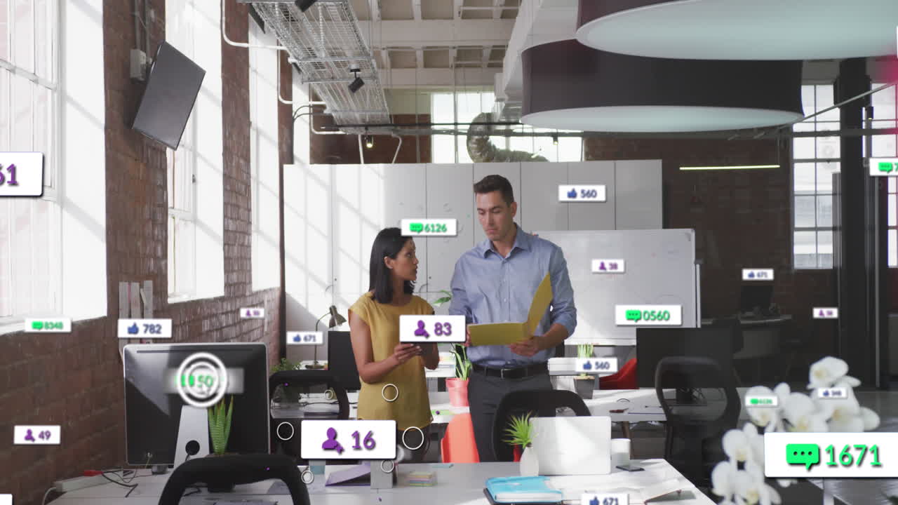 Animation of notification bars over diverse coworkers discussing reports on digital tablet