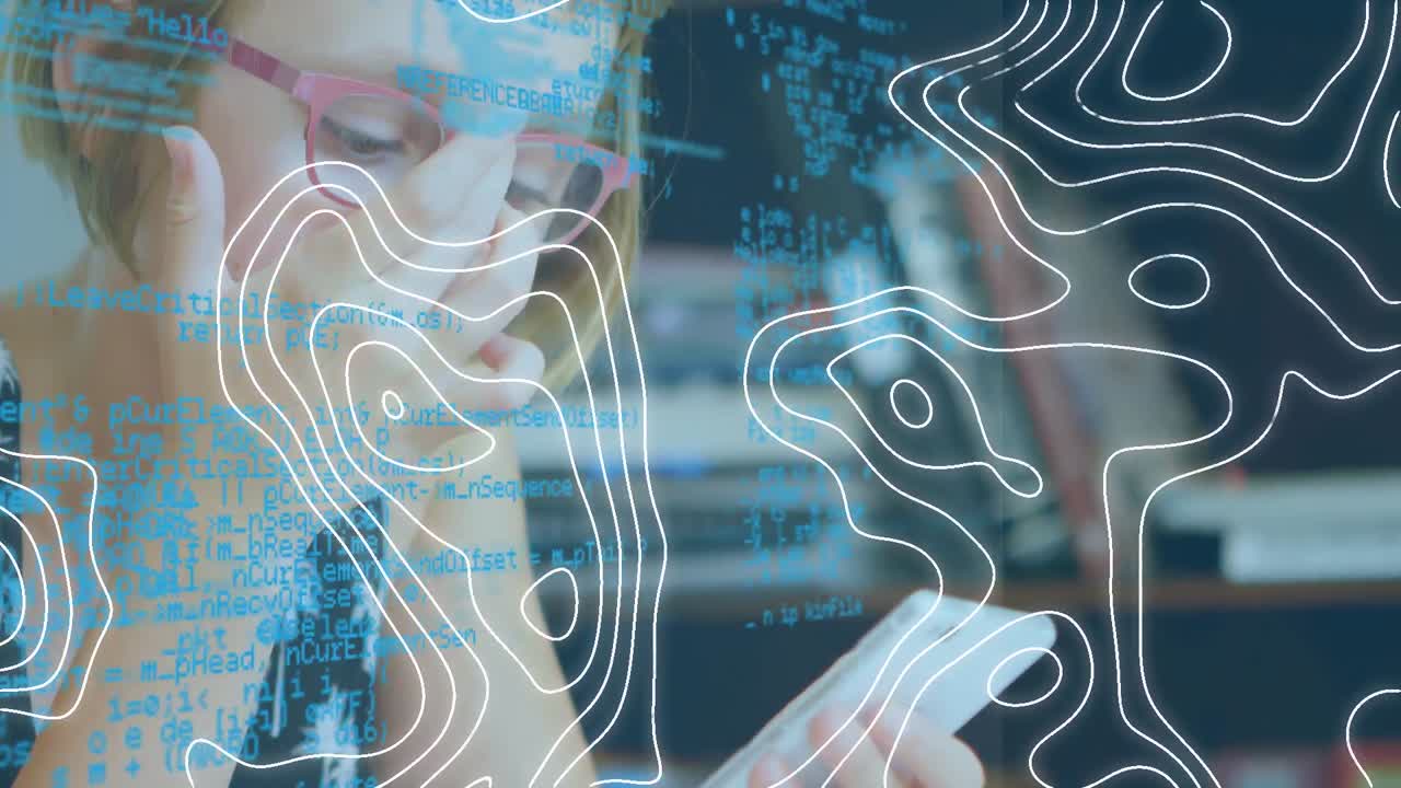 Animation of white lines and data processing over caucasian woman using smartphone