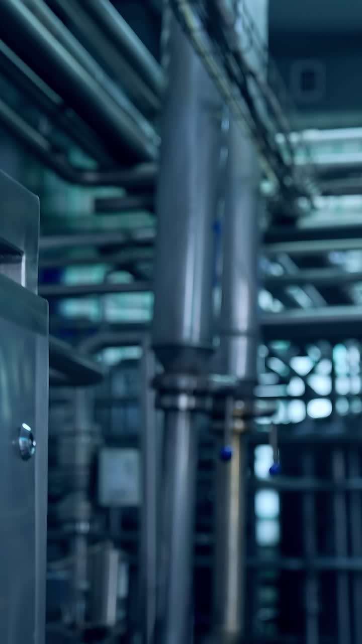 Interior of milk industrial plant. New equipment with metal tubes for production of dairy products. Modern milk factory with automated equipment.. Vertical video