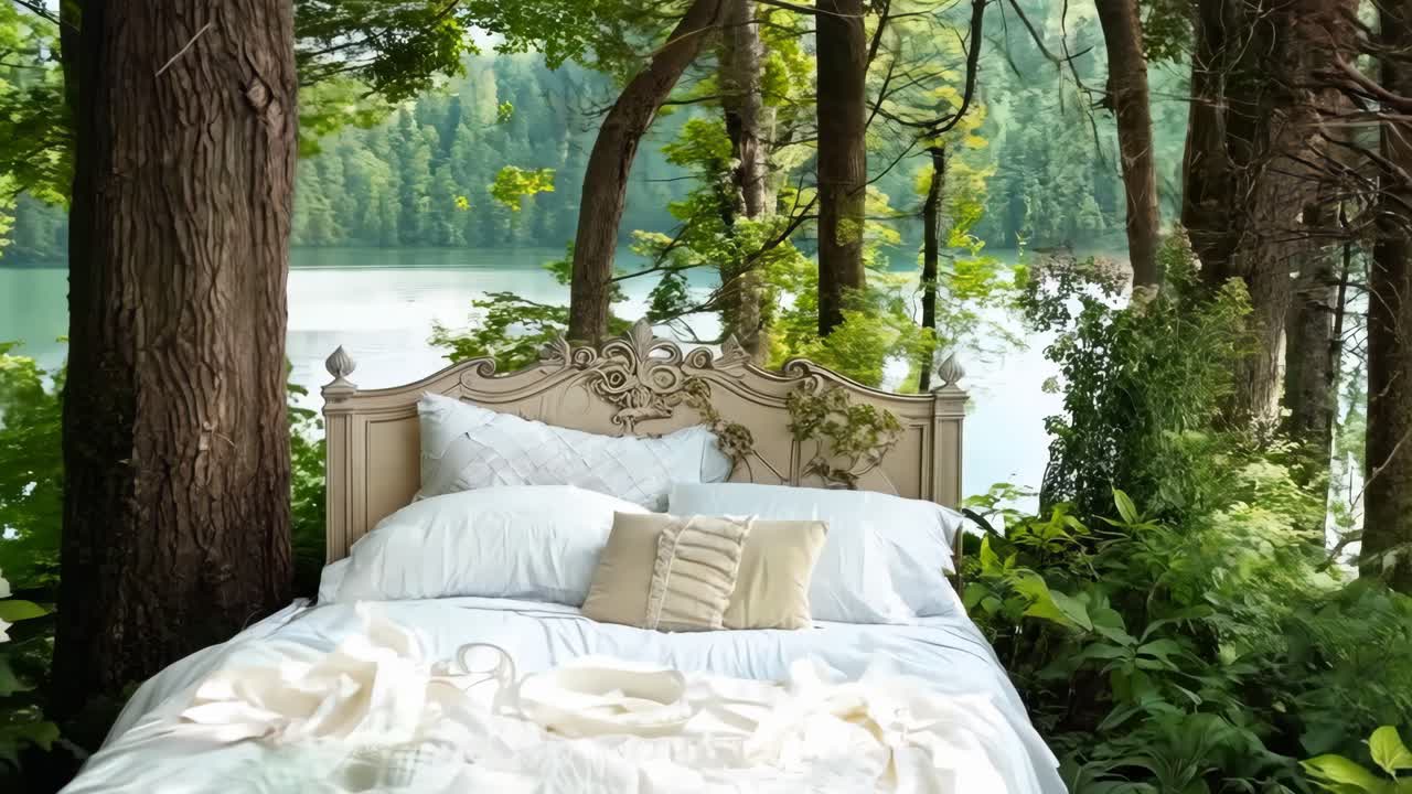 호수 에 있는 푸른 숲 한가운데의 침대